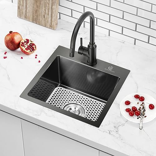 Fregadero de cocina de 17 x 15 pulgadas con caída en la parte superior, fregadero de barra de acero inoxidable calibre 16, estación de trabajo de un