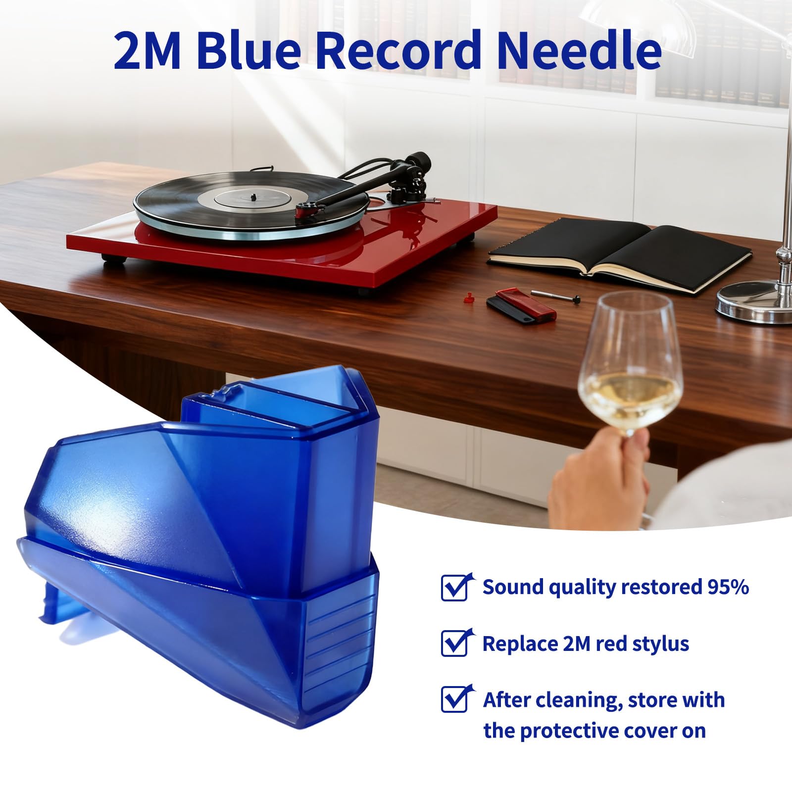 Stilo di ricambio blu da 2 m, compatibile con Ortofon, punta ellittica a diamante nudo, qualità del suono ripristinata, aghi di ricambio per giradischi da 2 m blu e 2 m cartuccia rossa
