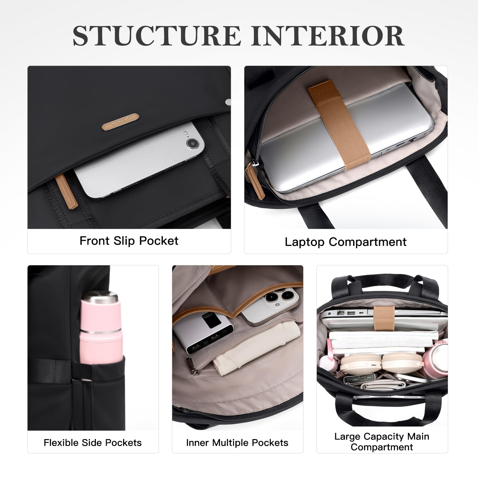 Rucksack Damen 16 Zoll, Laptop Schulrucksack Wasserdicht, Schultasche Women Elegant Tagesrucksäcke Handtasche 2 in 1 Arbeitstasche Lehrertasche Reiserucksack für Uni Büro,Schwarz