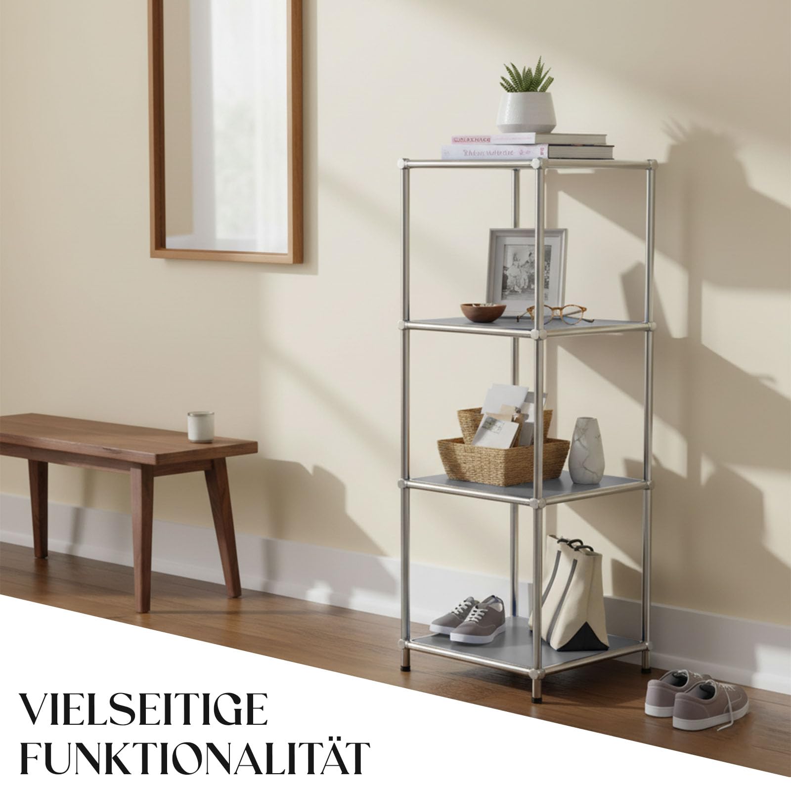 Floordirekt Concept Epure MK-005 - Estantería de metal (4 niveles, 95 x 30 x 30 cm), diseño moderno, color gris y cromado