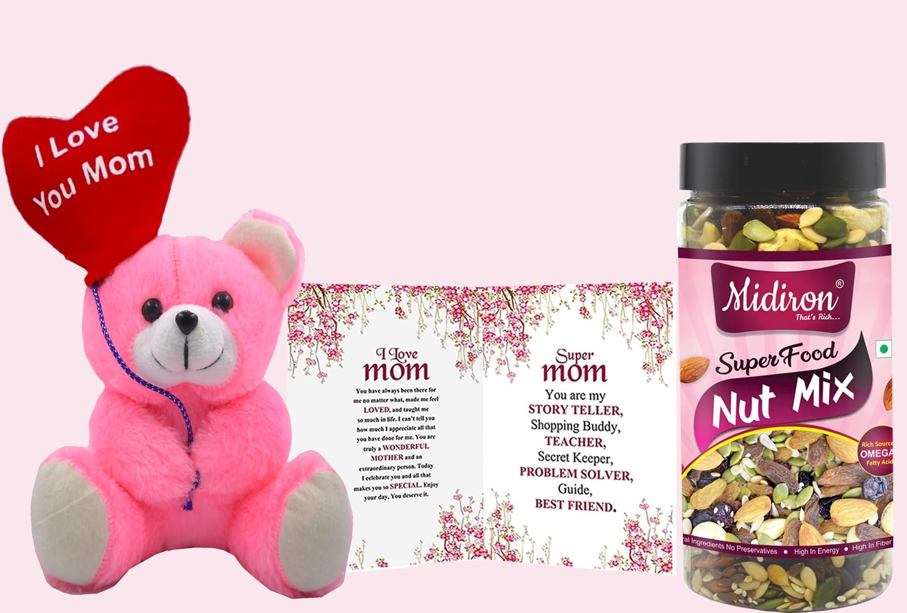 Midiron Birthday Celebrate gift | mother's day hamper, Mom Birthday Gifts, Gift for Mom| High in Protein & Boost Immunity | Real Nuts | Gluten Free | Nut Mix 250g Pack Bottle, Pink Teddy, Card-image-3
