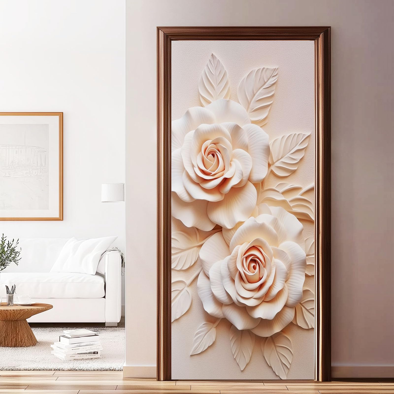 Flores Pegatinas para Puerta, Plantas 3D en relieve de Rosas, Resistente al Agua Lámina Autoadhesiva Fotomural, Beige PVC Extraíble Póster Puerta para Dormitorio Baño, 95 x 215 cm