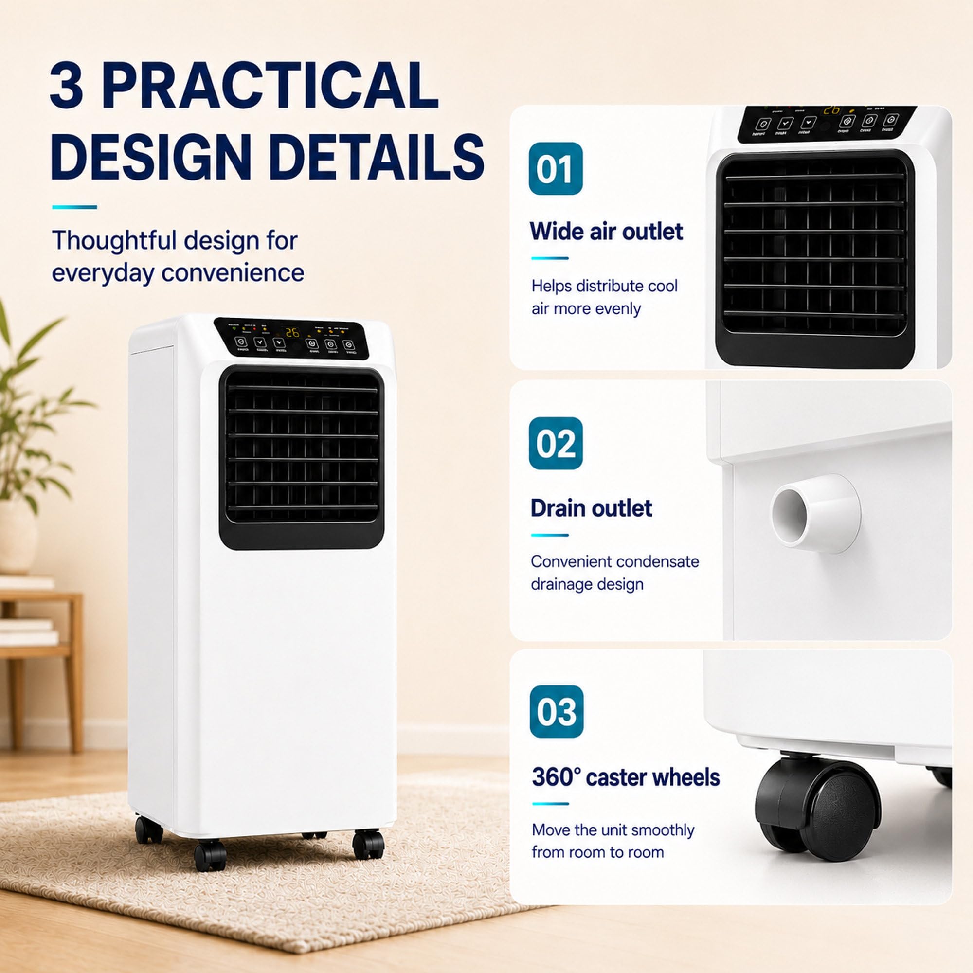 Condizionatore Portatile 7000 BTU con Telecomando e Kit Finestra | Circa 2,05 kW di capacità frigorifera per camere, uffici, soggiorni, appartamenti e altri ambienti interni.