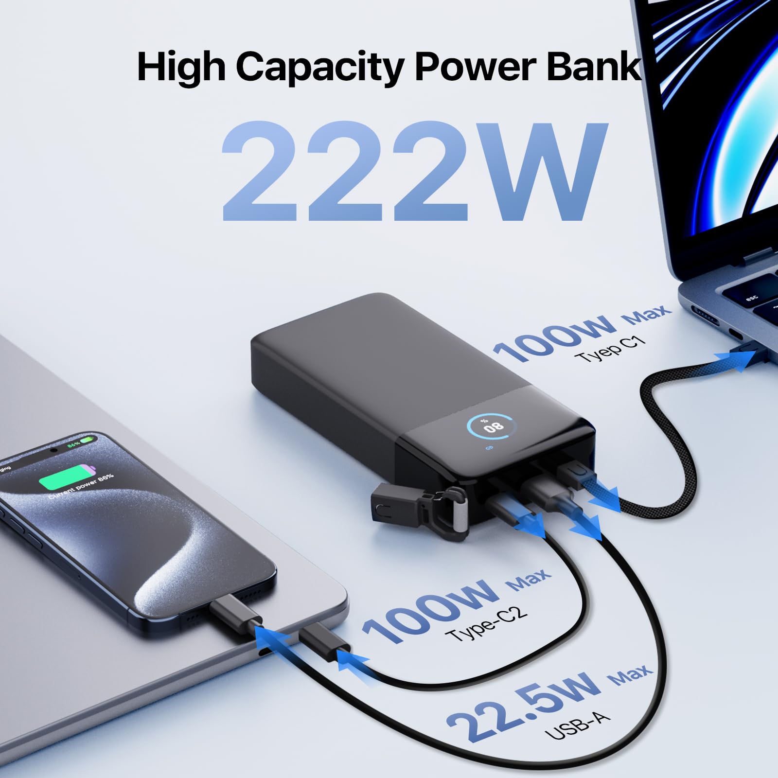 JUOVI Batteria Esterna per Computer Portatile 222W Power Bank 25000mAh