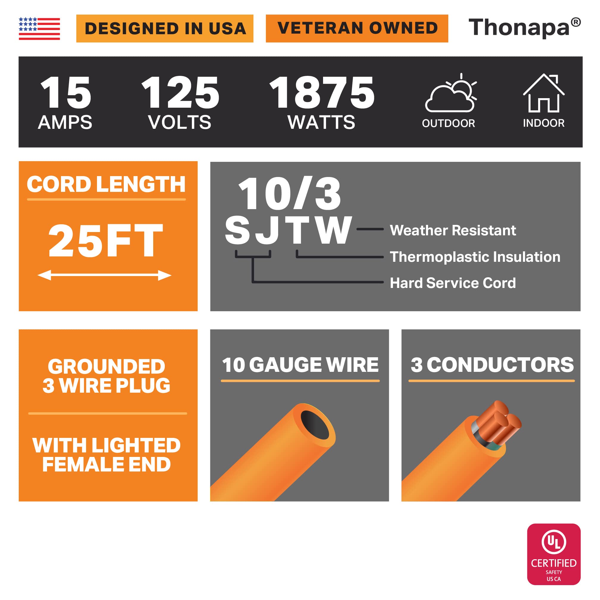 Thonapa 25 Ft Heavy Duty Lighted End Outdoor Extension Cord - 10/3 SJTW Weatherproof Water Resistant Orange High Visibility Electrical Cable with 3 Prong for Welding Compressor HVAC - 15 AMP