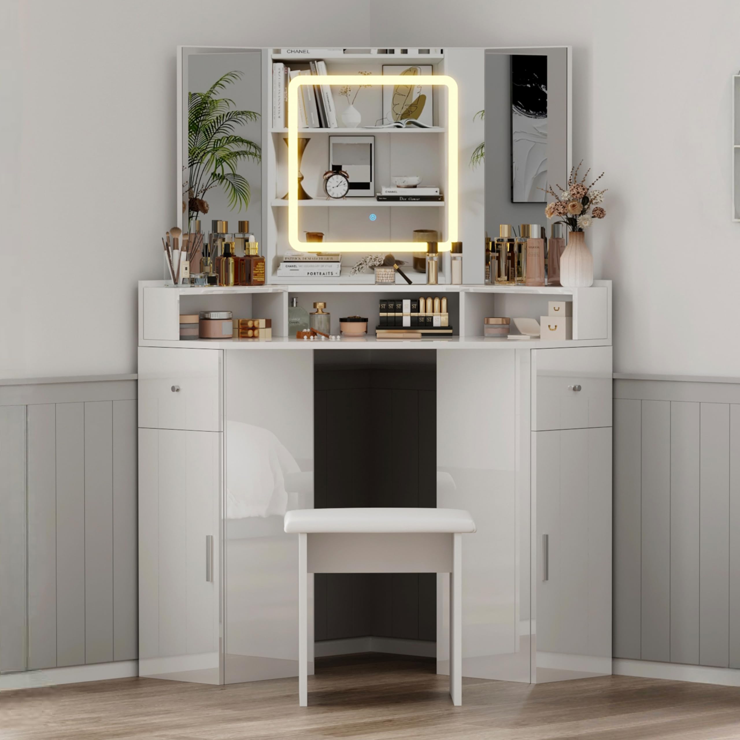 LSLIFE High Gloss Corner Dressing Table with Mirror and Stool, Corner Curved Vanity Makeup Desk with 3 Color Dimmable LED Lights 2 Drawers Bedroom Make Up Table Set for Women Girls