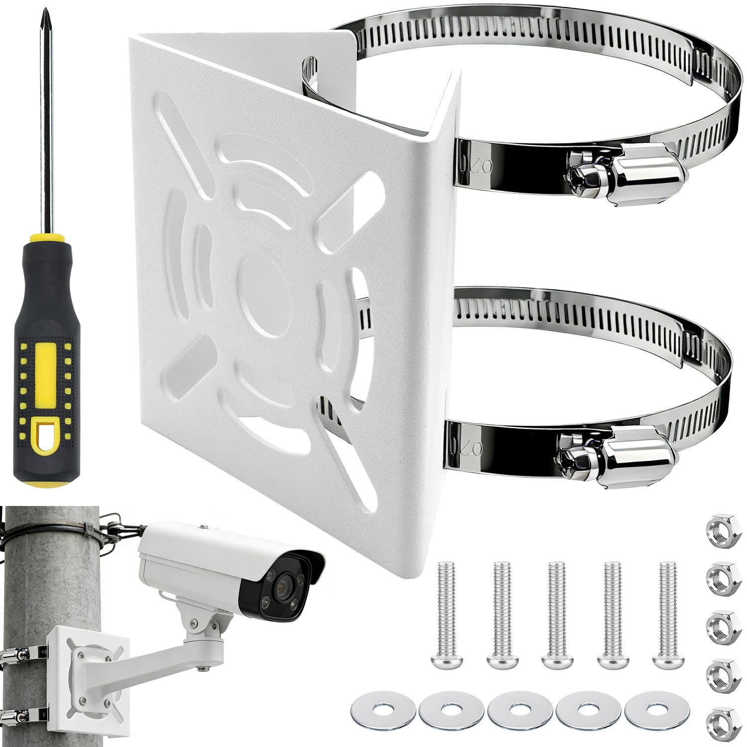 Pole Brackets for Poles,Security Camera Universal Vertical Pole for Bracket, White Base Camera Bracket Mount for Security Cameras with 2 Loop Pipe Clamps for CCTV Cameras LED Lights Solar Panel