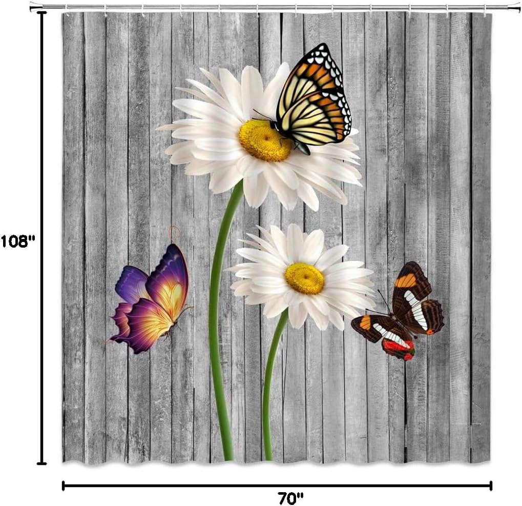 Rustic Daisy Shower Curtain Farmhouse White Daisy Flower Butterfly Vintage Gray Wooden Barn Door Farm Spring Flower Nature Botanical Retro Countryside Bathroom Decor Fabric Curtain with Hooks