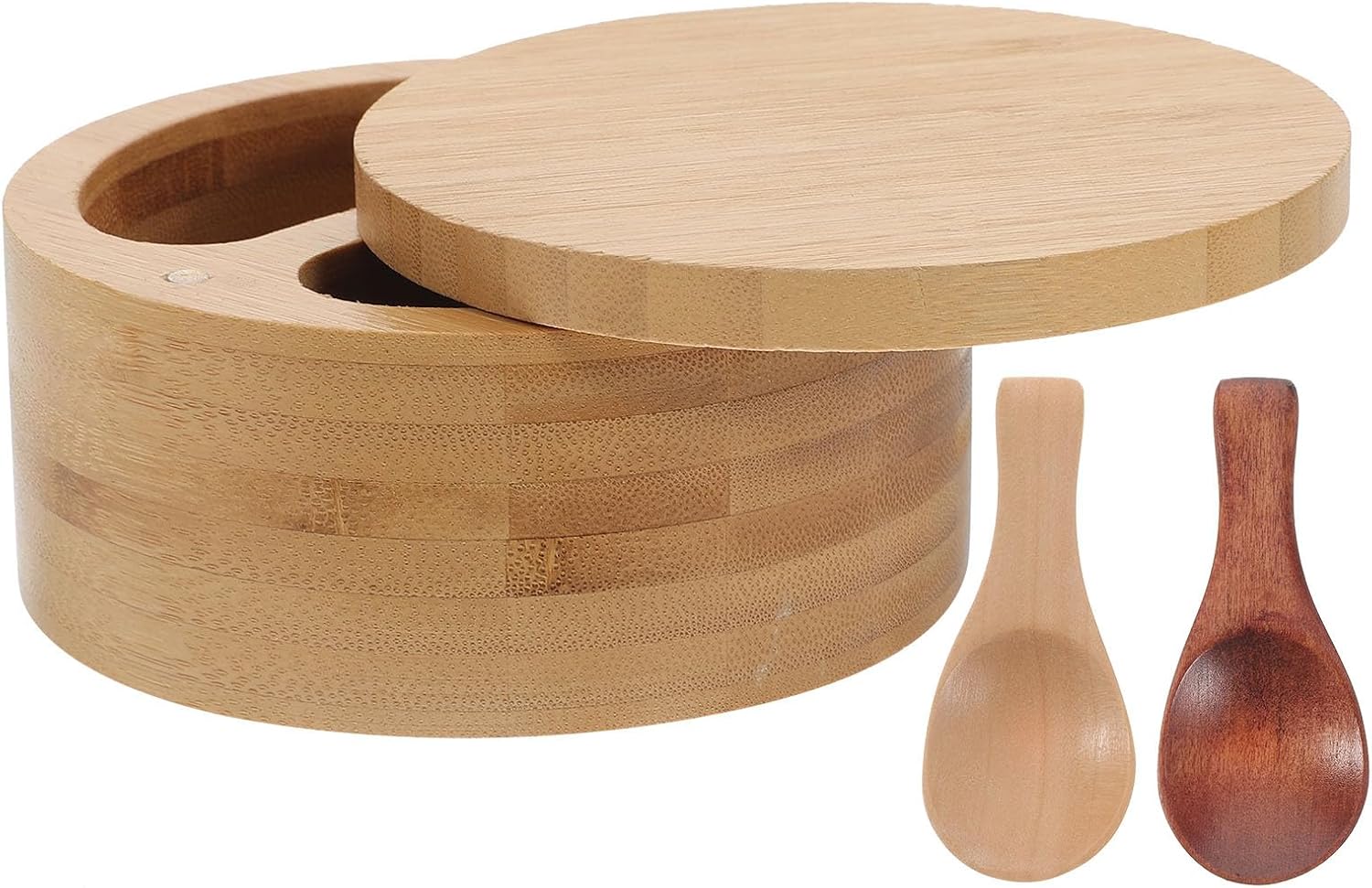 POPETPOP Divided Kitchen Seasoning Box with Dual Compartments and Two-tone Wooden Spoons, Salt and Pepper Storage Container for Household Cooking and Dining