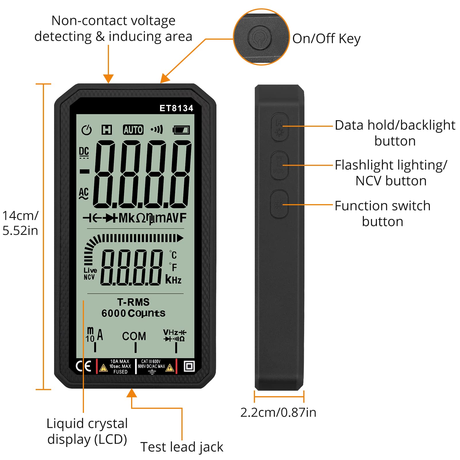 Neoteck Cyfrowy multimetr 6000 Counts True RMS LCD, duży ekran, multimetr, napięcie, woltomierz, temperatura, NCV diody