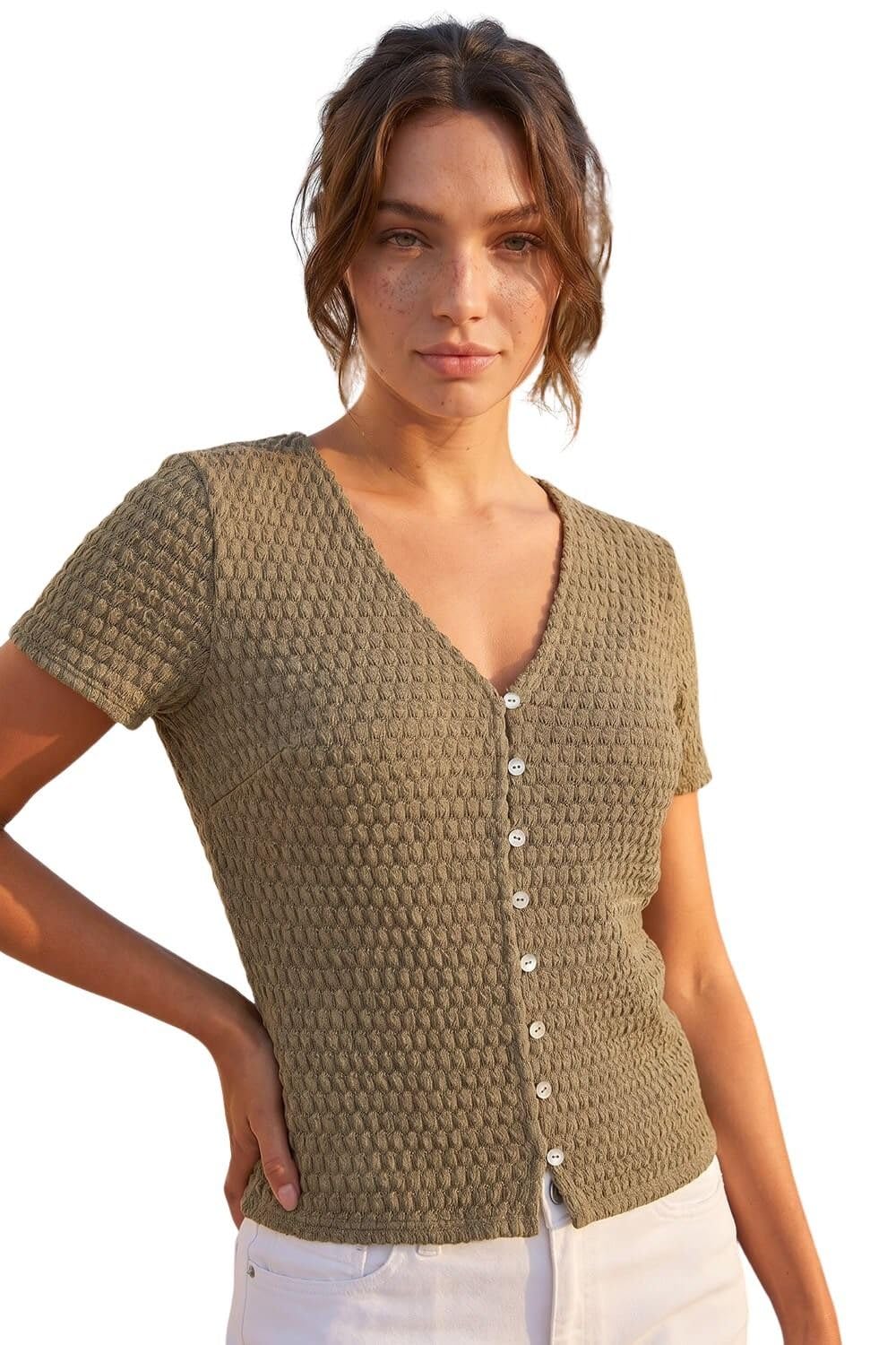 Roman Originals Women's Petite Khaki Roman Petite Textured Button Through Blouse For Uk - Everyday Holiday Spring Summer V-Neckline Comfy Soft Evening Vacation Work Party - Size 16