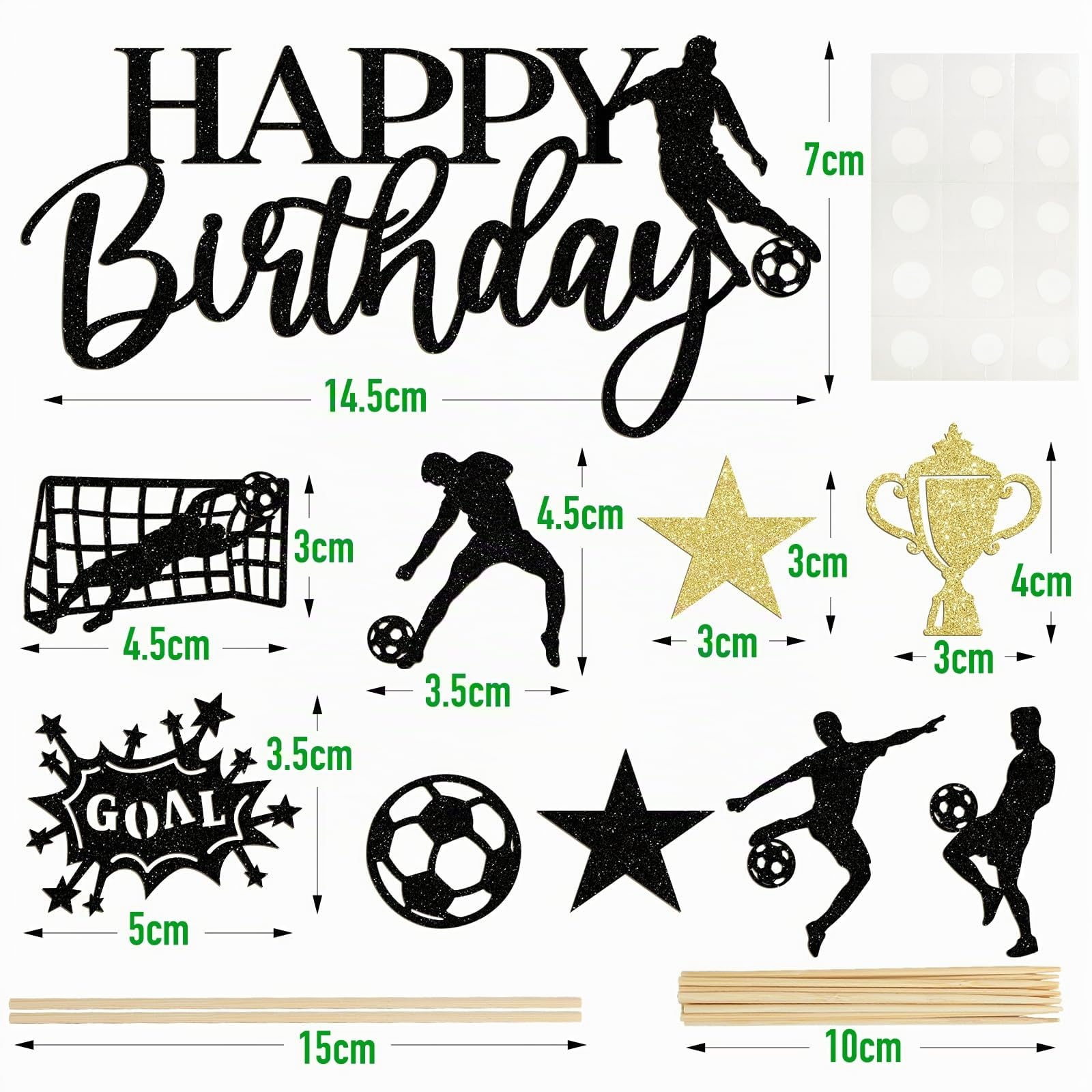13-teiliges Fußball Cupcake Topper Set – Glitzer Kuchenstecker Für Geburtstagsparty – Gold & Schwarz