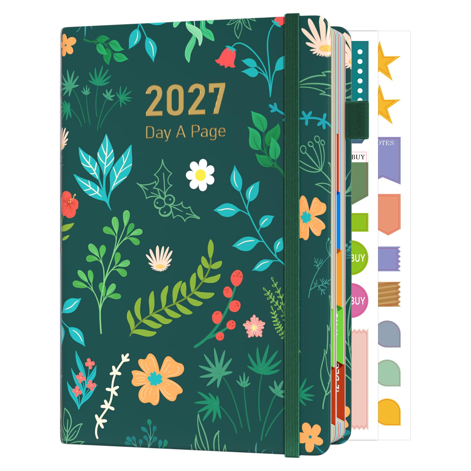 Sailingvan 2027 Diary A5 Page a Day, January -December 2027, Leather Agenda Daily Planner Productivity Stickers, Monthly Overview with Colorful Tabs, Elastic Strap, Pen Loop & Pocket (8.5'' x 5.8'')