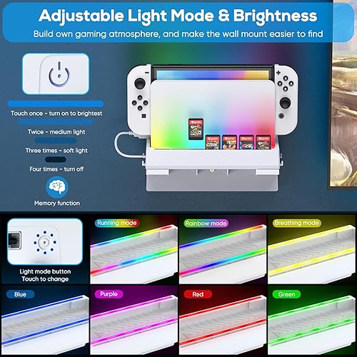 Vista 3 de Kit de montaje en pared para Nintendo Switch y OLED, soporte de consola de muelle de interruptor, accesorios de interruptor con 7 modos de luz, 7