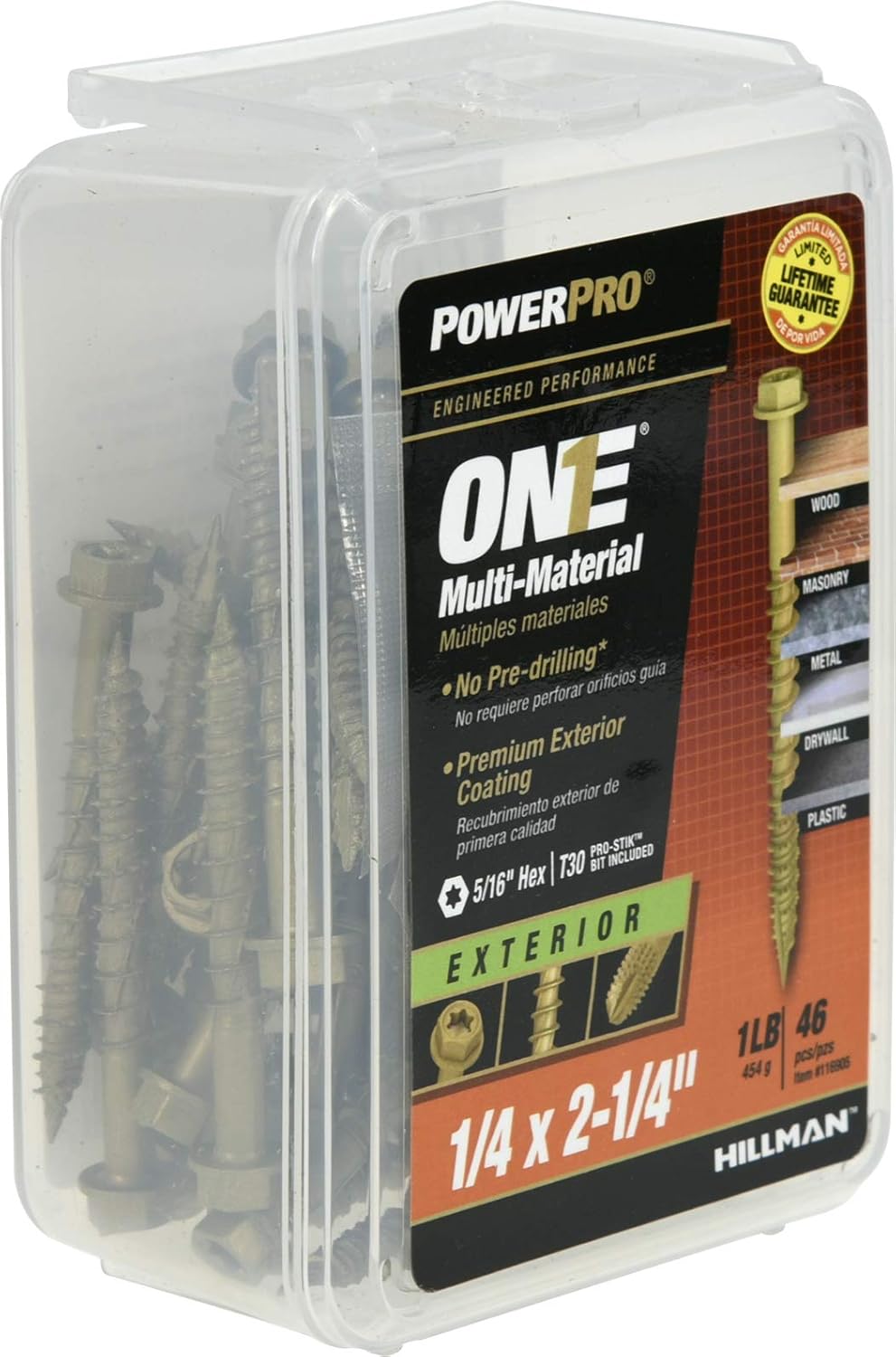 Power Pro Premium One Multi-Material Hex Washer Head Screws, Epoxy Coated Steel, Fasten in Wood, Metal, Concrete, Drywall and Plastic, Bronze, ¼ x 2-¼ inches, Box of 46 Screws