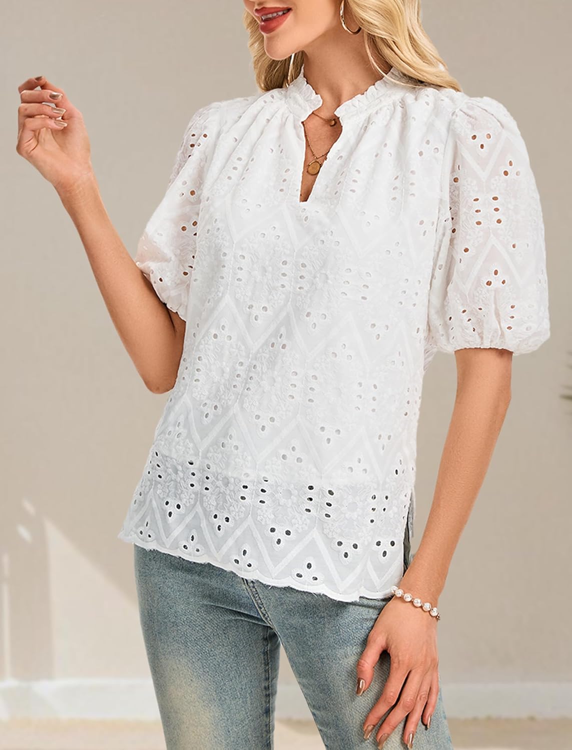 Women's V Neck Blouses Dressy Casual Puff Short Sleeve Shirts Hollow Summer Tops Business Women S-XXL - Image 4