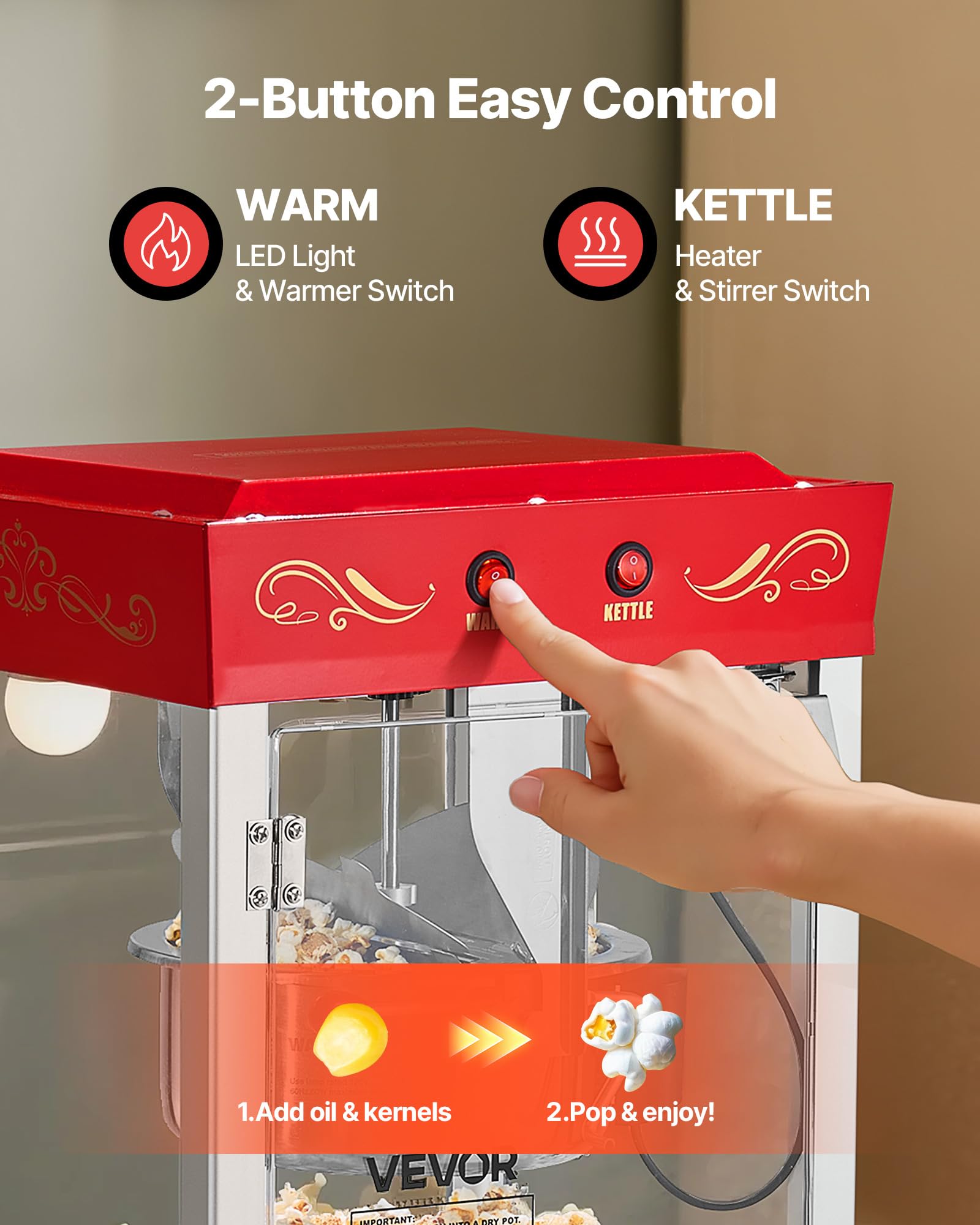 VEVOR Macchina per Popcorn, Bollitore in Acciaio Inox da 0,2 kg, 800 W, 48 Tazze per Dose, Stile Cinema, con Controllo a 2 Pulsanti, con Parete in Vetro, 1 Misurino, 3 Cucchiai, Rosso