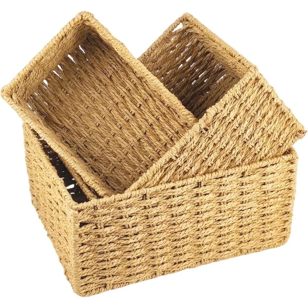 Aundhegrtt Woven Storage Baskets for Organizing Wicker Storage Baskets for Shelves Set of 3 Natural Paper Rope Decorative Baskets
