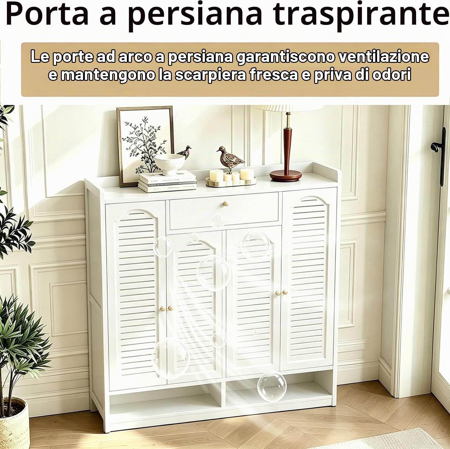 Armadio Verticale Porta Scarpe in Bambù, 1 Cassetto e 4 ante Persianate, Mobile Ingresso Per Corridoio e Guardaroba.