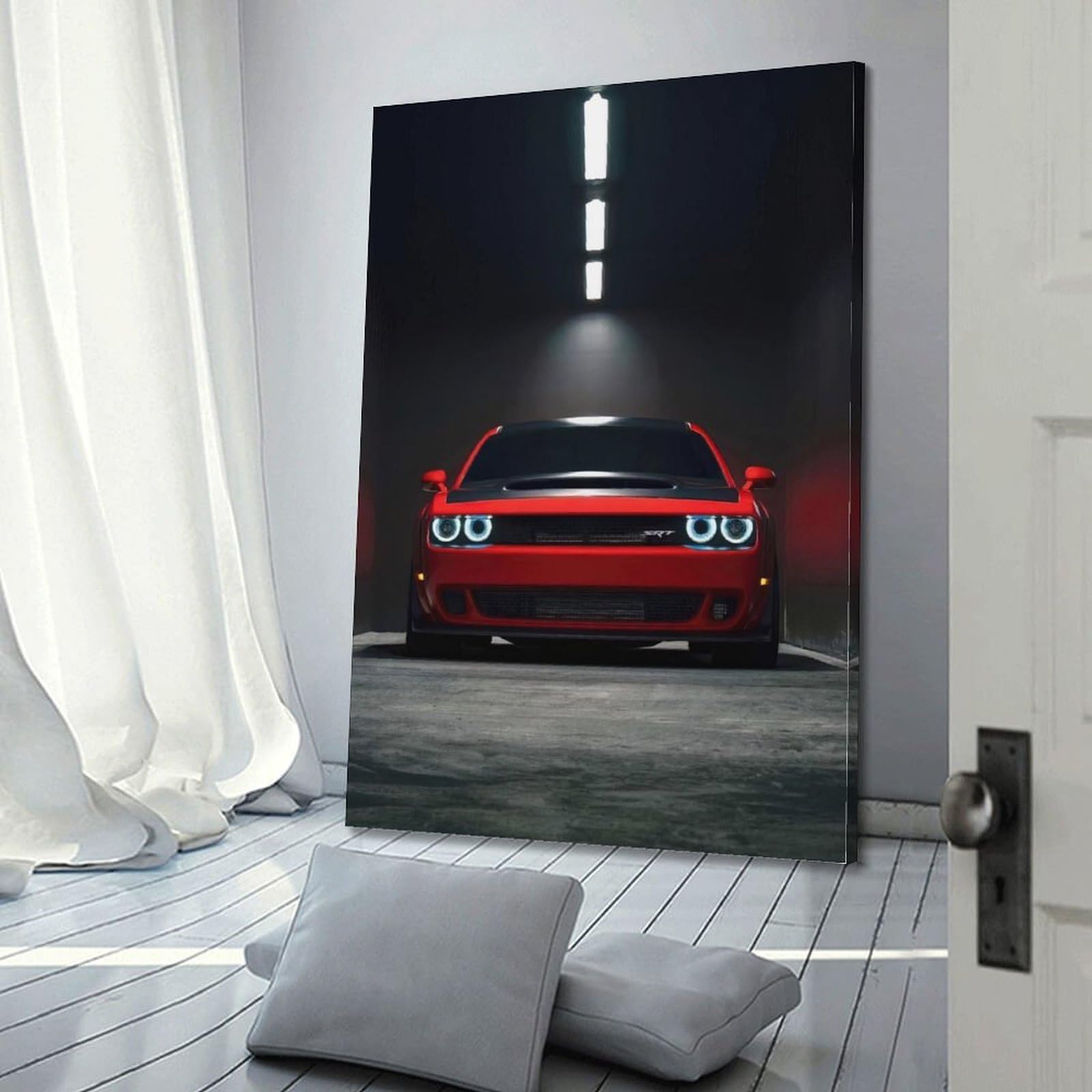 Poster con auto muscolosa Challenger SRT American Automotive Underground Garage Lighting, poster decorativo da parete su tela e stampa artistica moderna per camera da letto, poster decorativo per la