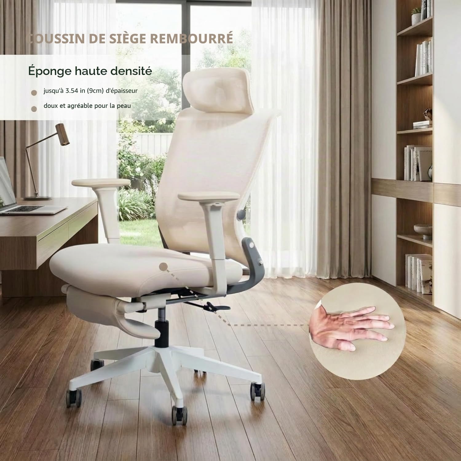 FLEXISPOT Foldex Chaise Bureau Pliante, Chaise Ergonomique avec Support Lombaire, Accoudoirs Réglables en Hauteur, Appui-Tête 2D, Chaises de Bureau avec Repose-Pieds, Beige
