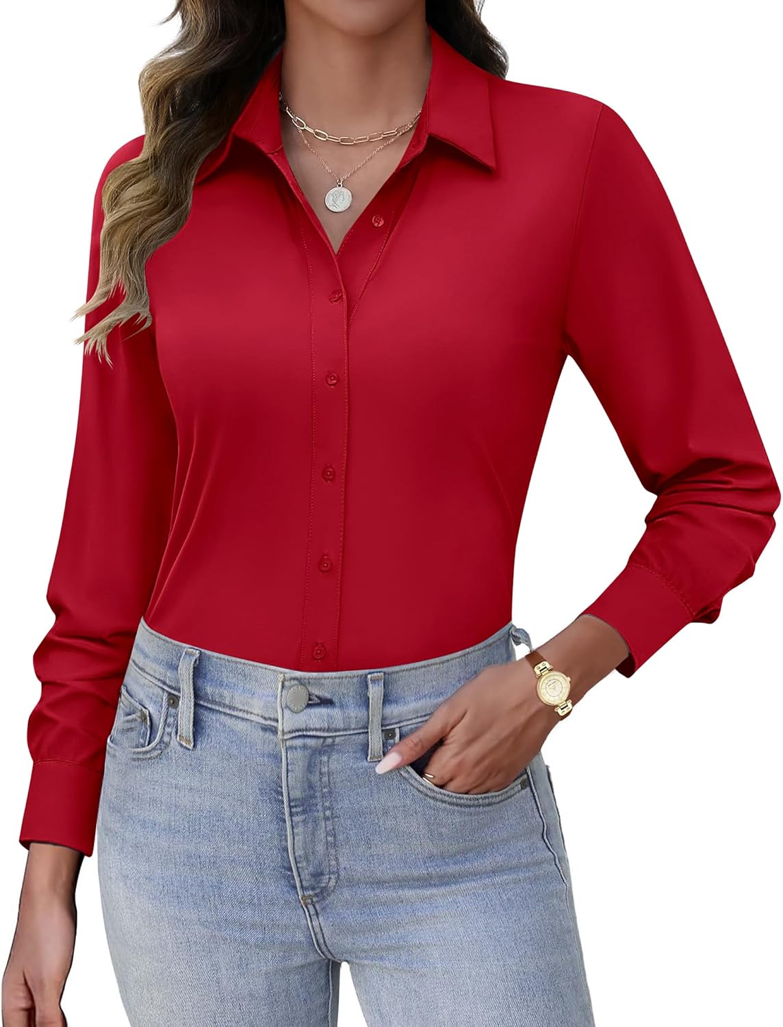 HOTOUCH Button Down Shirts for Women Long Sleeve Stretch Dress Shirts Wrinkle-Free Work Blouses Slim Fit Office Tops