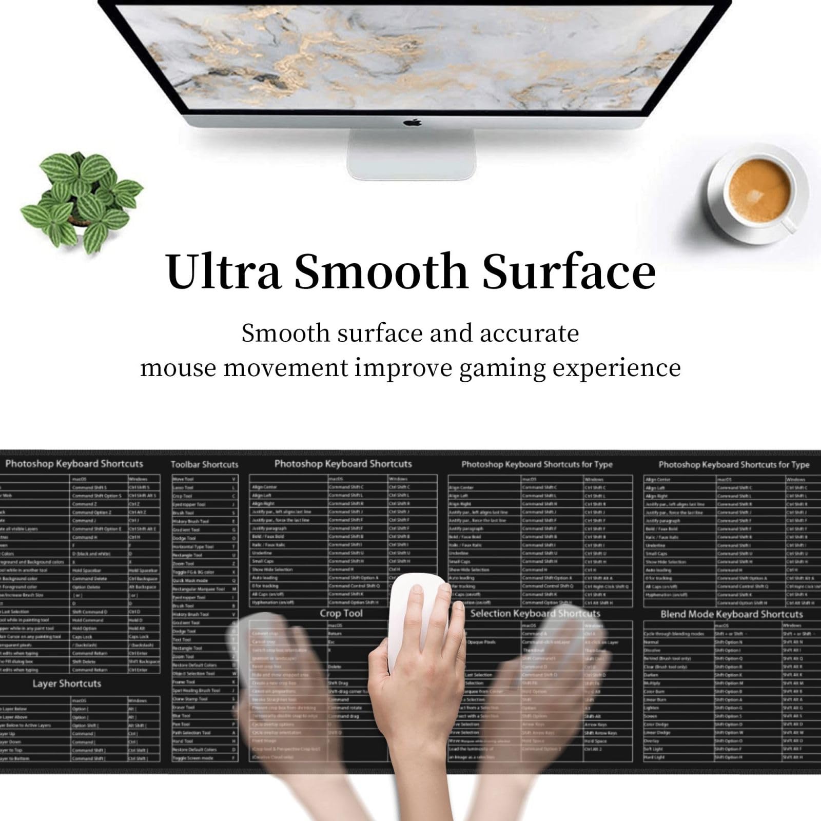 PS Shortcut-Tastenkombinationen Gaming-Tastatur-Mauspad Schreibtischunterlage, riesig, verlängert, XL, mit genähter Kante und rutschfester Gummibasis für Zuhause und Büro (80 x 30 cm)