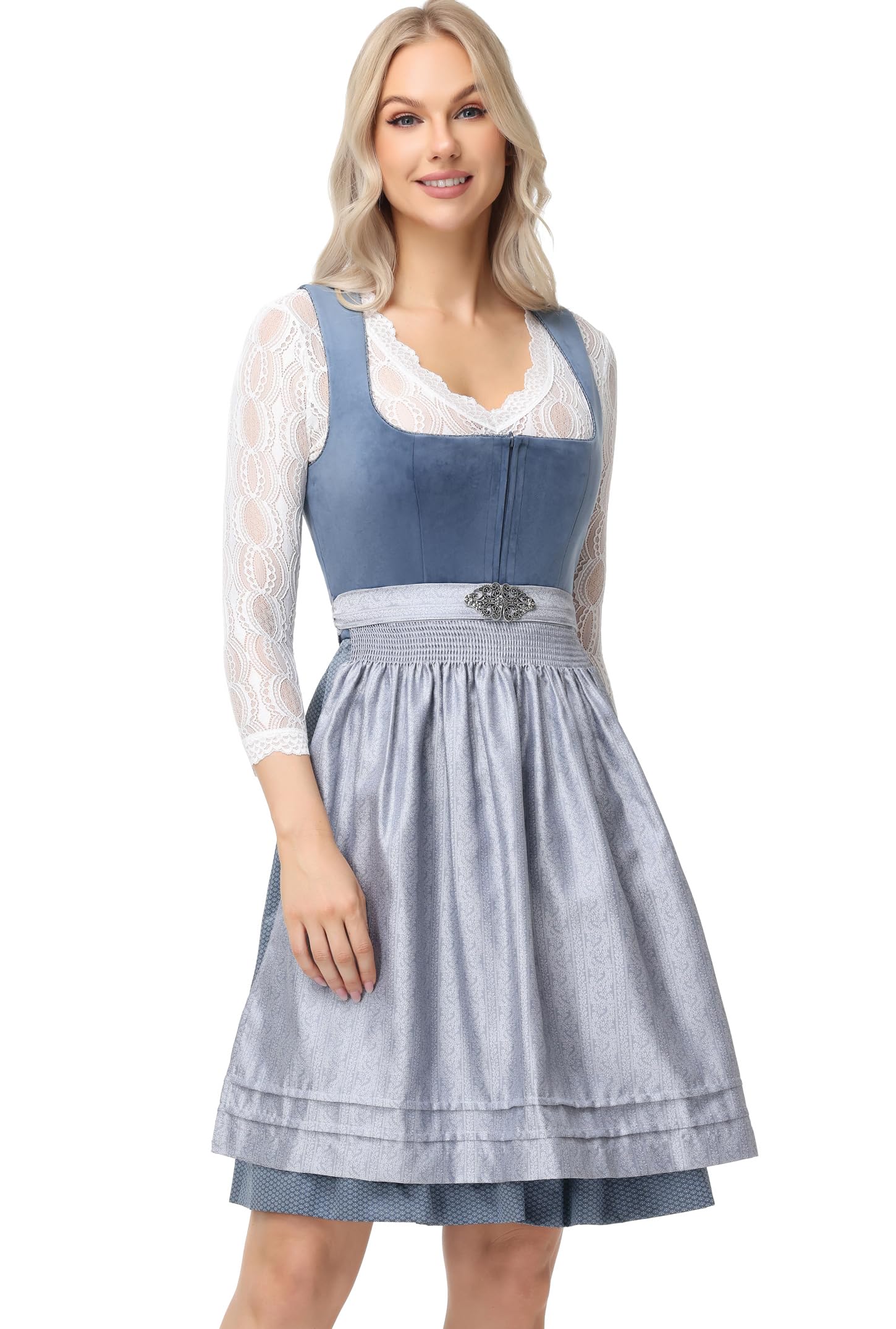 ELFIN Damen Midi Dirndl, Elegante Trachtenkleid, Samt Damen Dirndlkleid mit Plissee Schürze, Perfekt für Oktoberfest