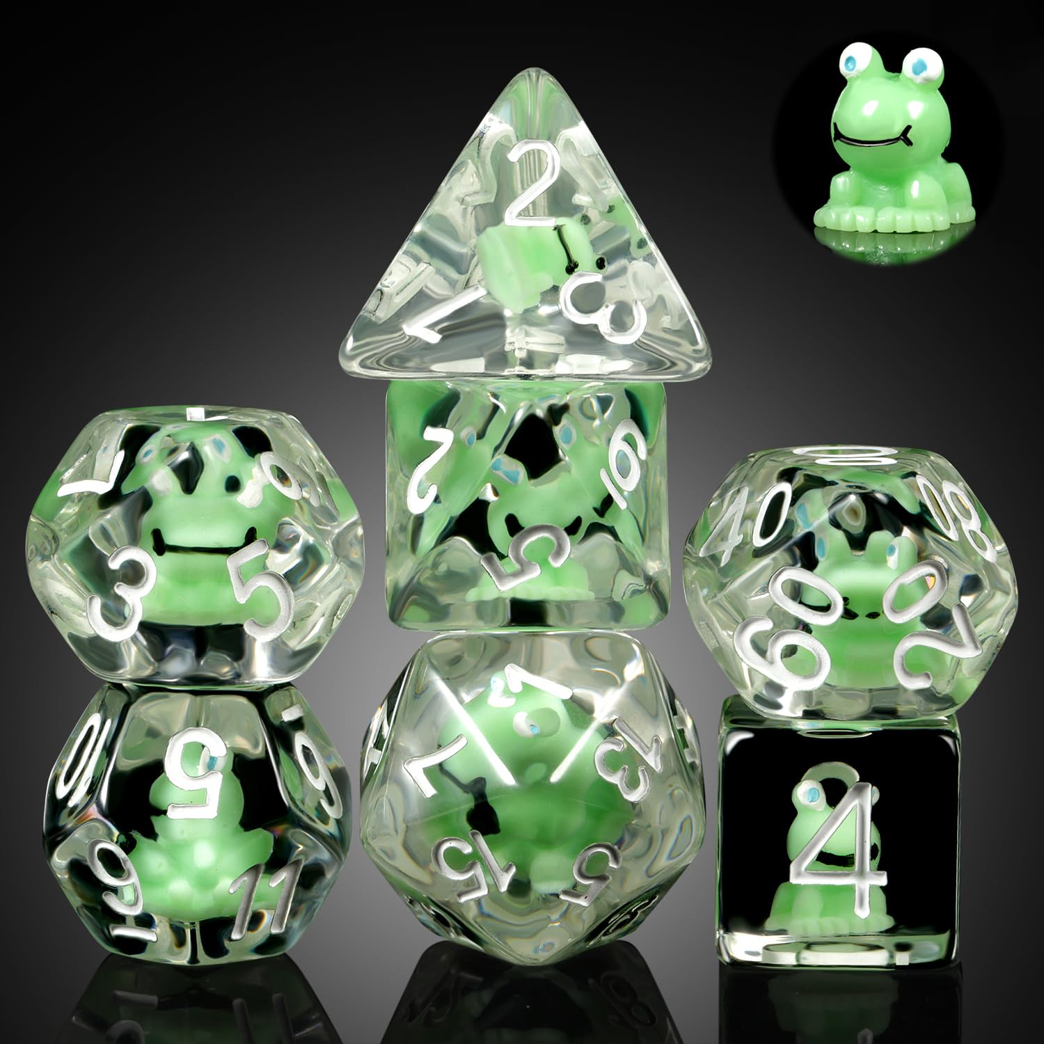 Frog D&D Dice Set, DNDND 7PCS Resin Polyhedral Die with Velvet Pouch for DND Dungeons & Dragons Role Playing Games and Tabletop Games （Frog DND Dice