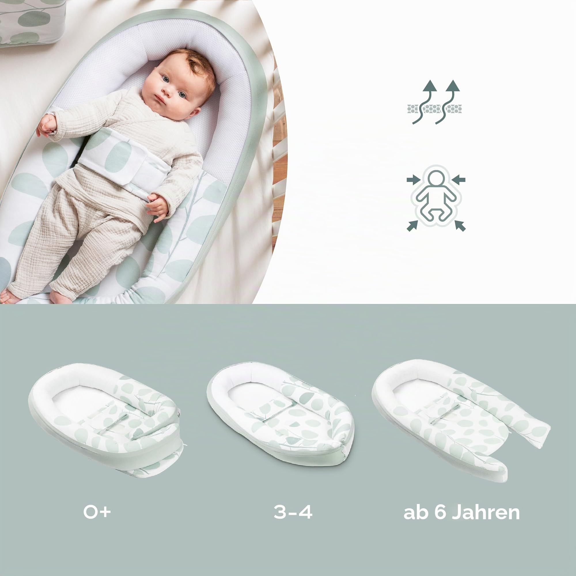 Doomoo Babymoov Cocoon Leaves Aqua Green, erweiterbar, atmungsaktiv, 0-8 Monate