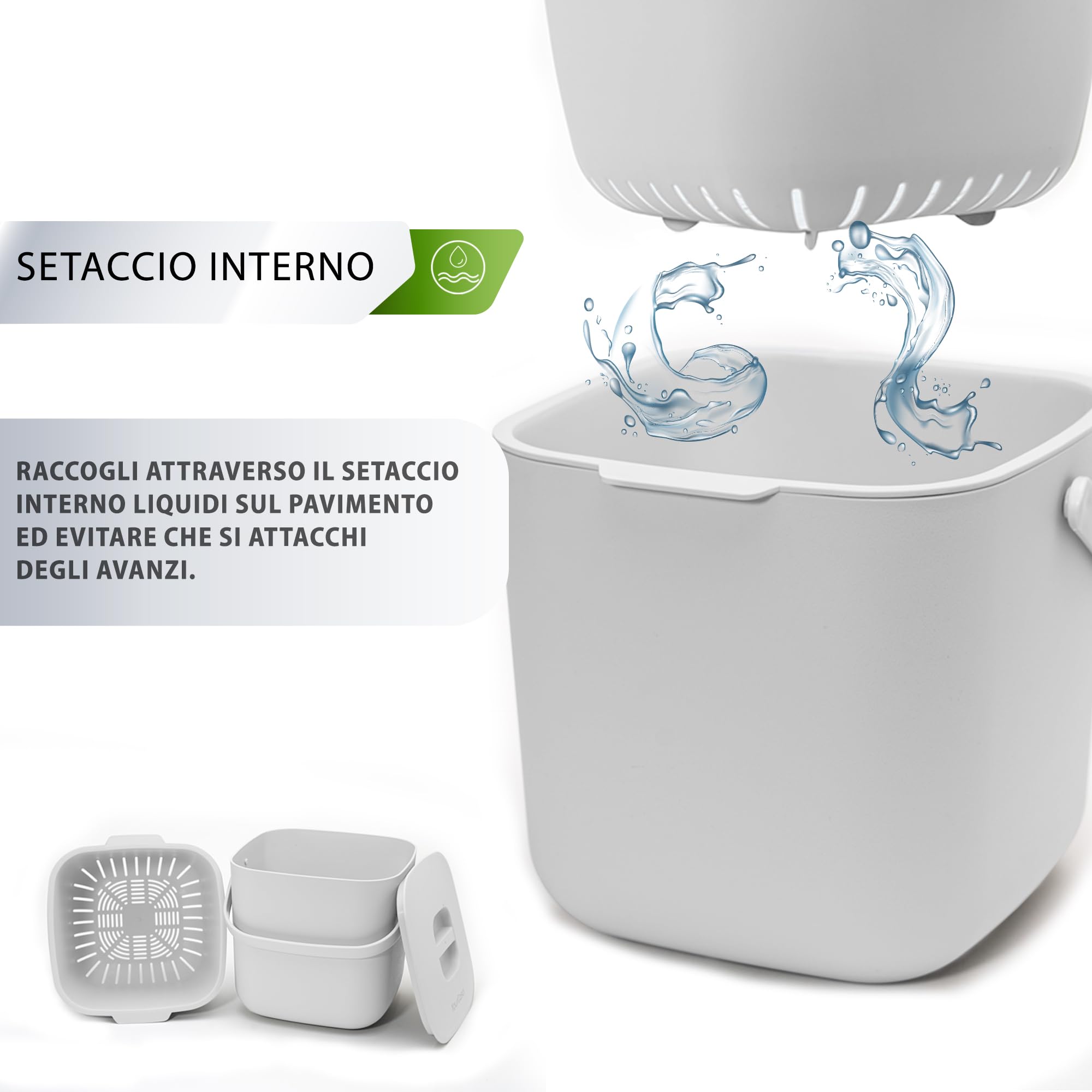 YourCasa pattumiera cucina 7 l - bidone umido - lavabile in lavastoviglie - con setaccio - pattumiera umido - bidoncino umido cestino umido cucina umido antiodore contenitore umido cucina (Bianco)
