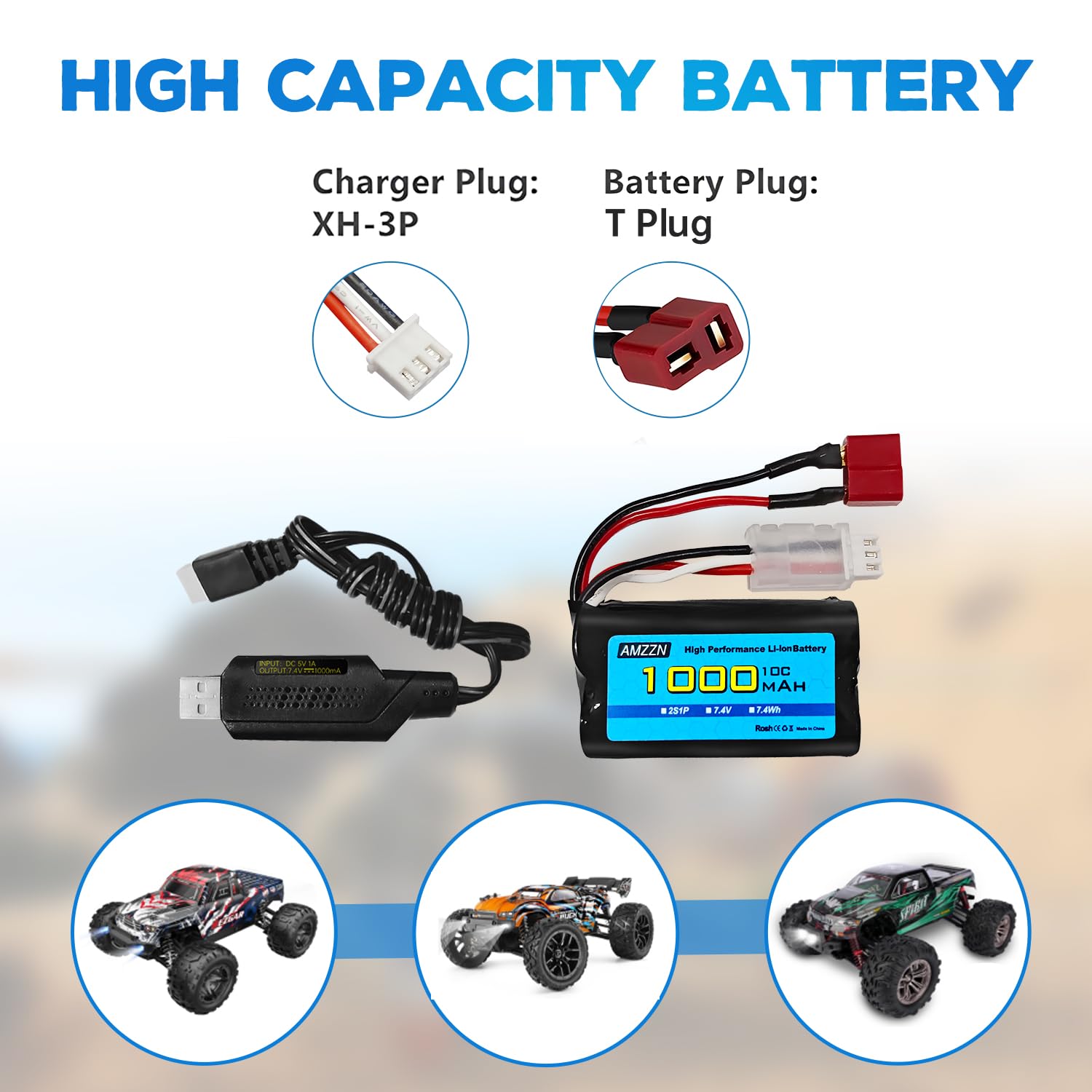 7.4V 1000mAh 2S batteria agli ioni di litio con spina a T e cavo di ricarica USB per YC100 HM161 HM162 HM166 HM201 9145 1:20 remote control truck, HBX X03 remote control ship battery