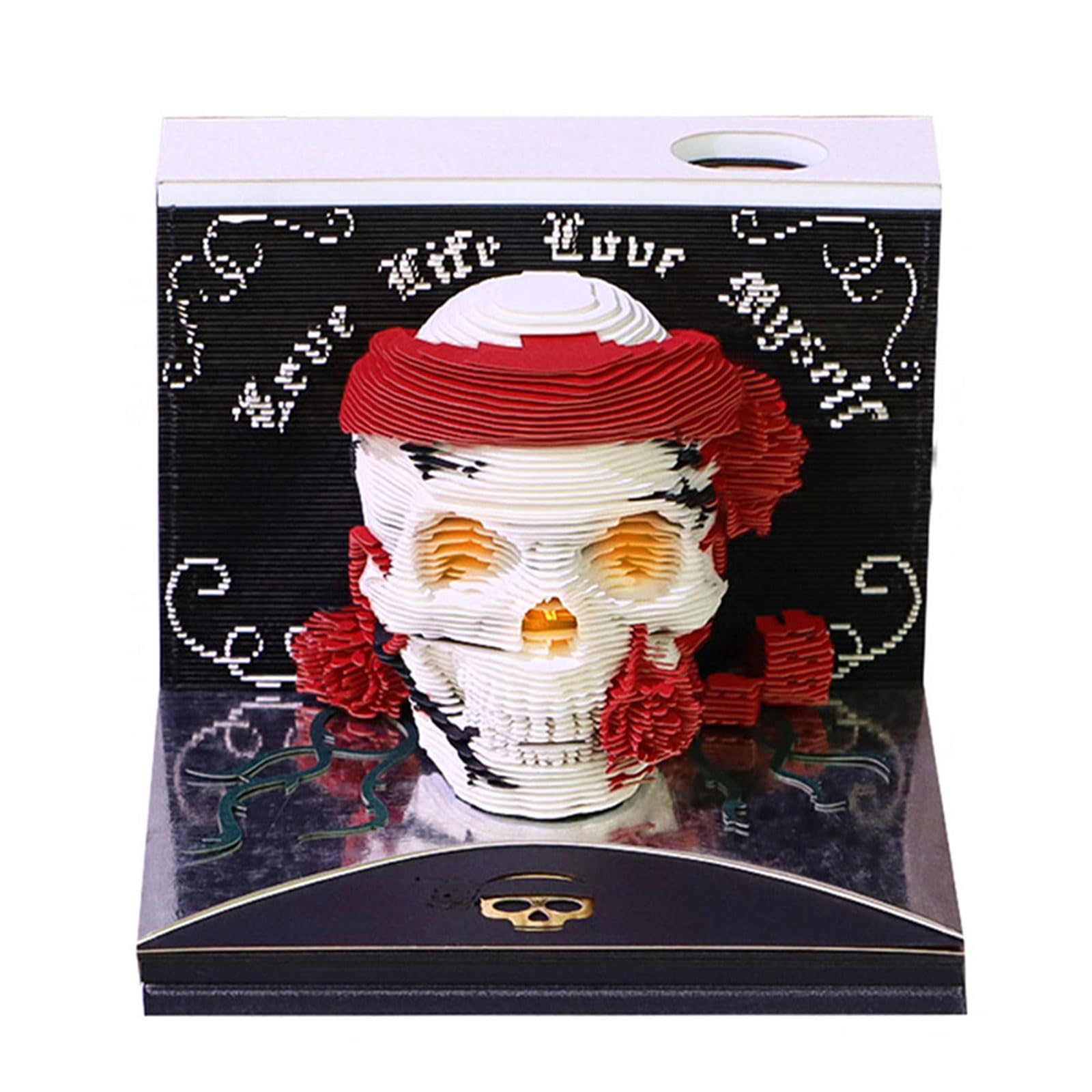 Calendario planificador con marco inciso y nota multicolor, Black | Grabado de calavera con números de semana en inglés para organización de oficina y paneles de notas multicolores
