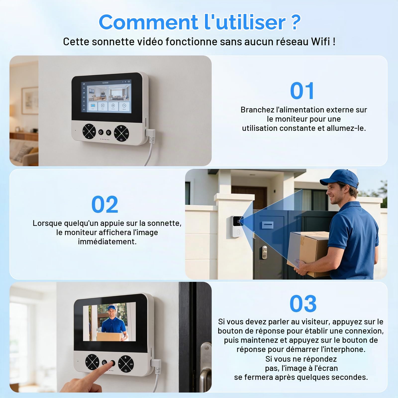 Sonnette Vidéo Sans Fil Extérieur avec Caméra - IP65 Étanche 1080P HD - Ecran IPS 4,3 Pouces Interphone Vidéo - Vision Nocturne Infrarouge et Audio Bidirectionnel - Sonnette Sans Fil avec Connexion Bl