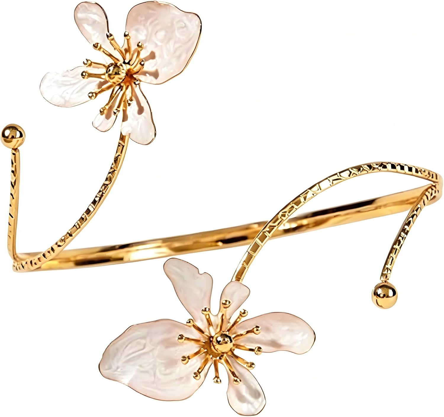 Gold Flower Arm Cuff for Women White Floral Open Adjustable Arm Cuff Jewelry Elegant Arm Accessory for Daily Wear and Precious Holiday Present