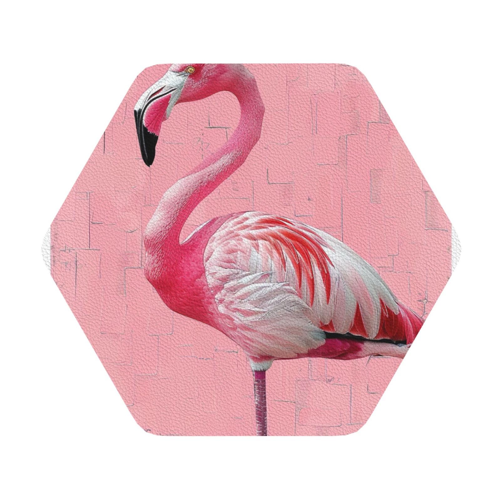 Flamingo 1 Printed Coasters for Drinks, Leather Coaster Sets of 4, Funny Coffee Cup Coaster, Absorbent Coaster for Home and Office Kitchen Bar Hexagon
