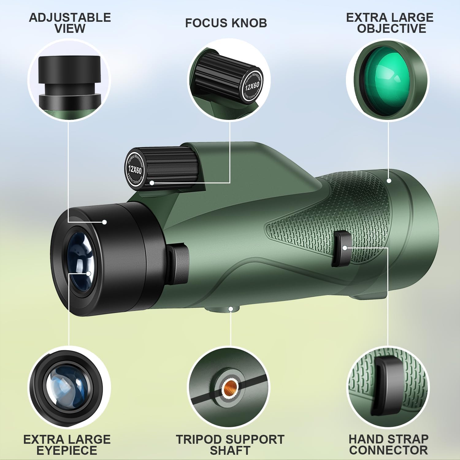 Pankoo Monoculaires 12x50 pour adultes,Télescope monoculaire haute puissance pour l'observation des oiseaux, la chasse, le camping, les voyages,Avec support pour smartphone et trépied,Vert,10010