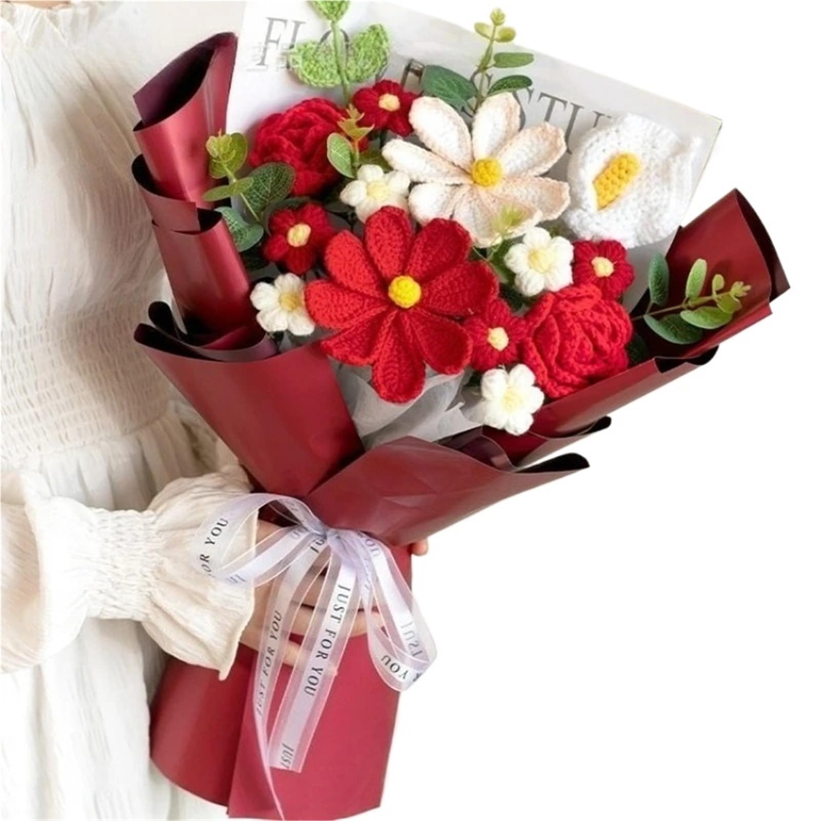 TVANTRUXIS Hand Woven Artificial Flowers, Hand-Crocheted Wool Flower Large Bouquet Of Simulated Flowers Birthday Gift For Home(Color1)