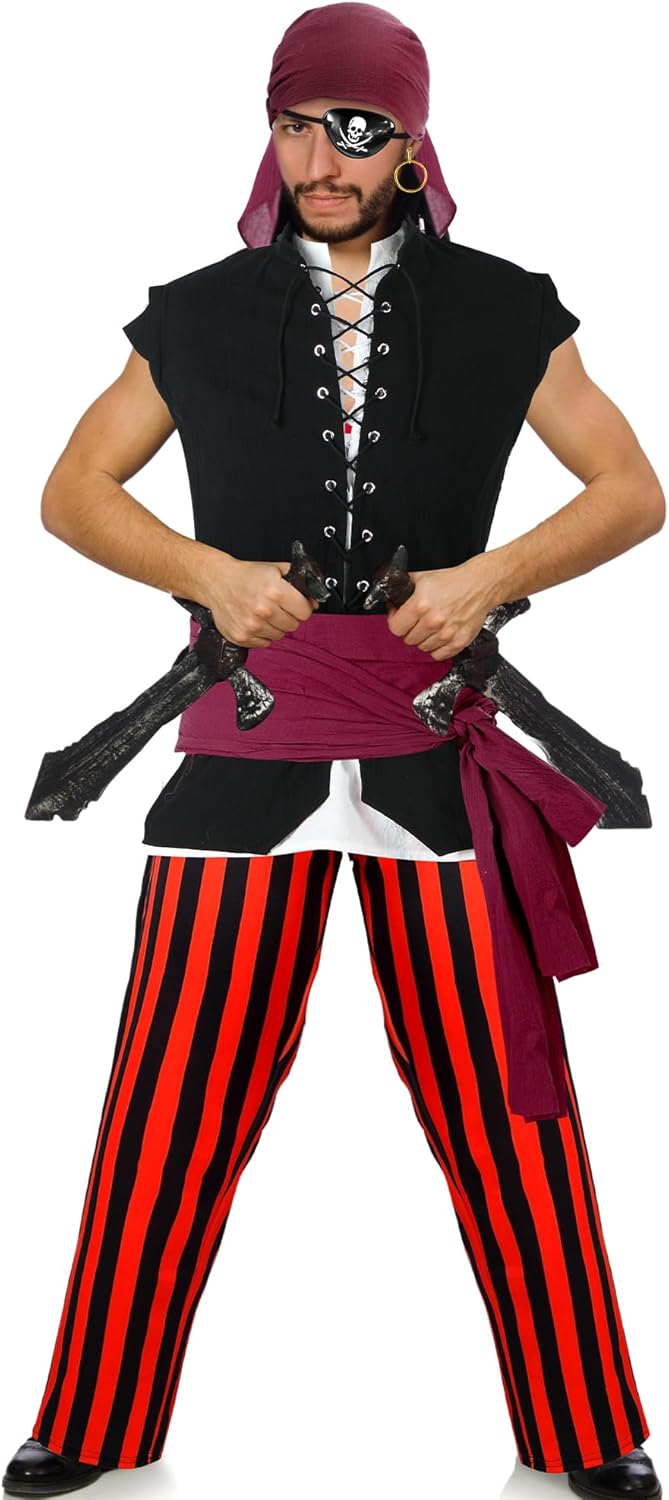 7 Pcs Men's Pirate Costume Outfit Halloween with Renaissance Viking Pirate Shirt Medieval Vest Pants Bandana Sash - Image 4