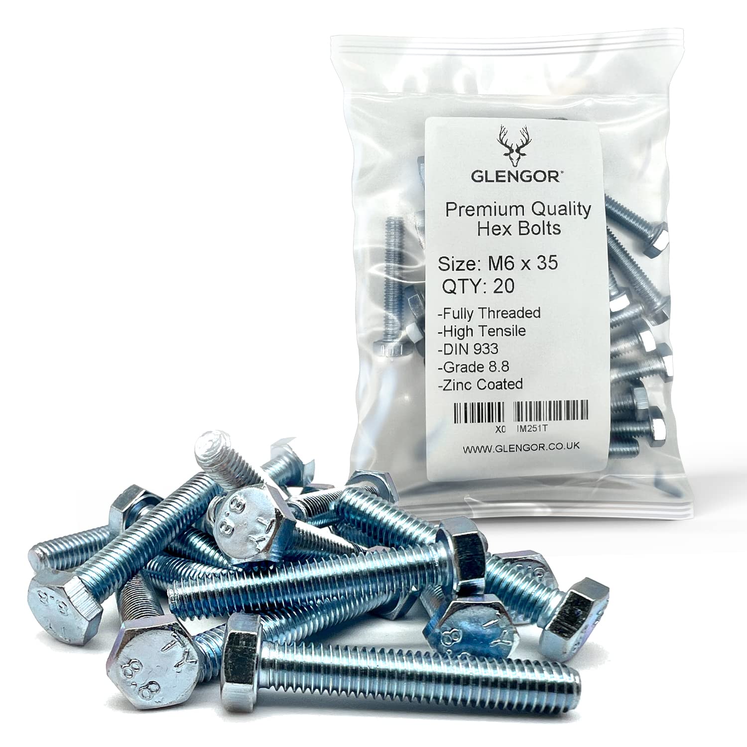 Glengor Premium M6 x 35mm Hex Bolt | Fully Threaded Setscrew Zinc 8.8 | Pack of 20