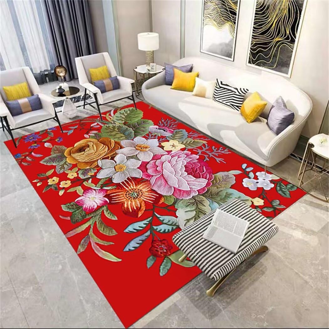 Tapis enfant pour chambre et salon à motif floral rouge doux 80x120cm