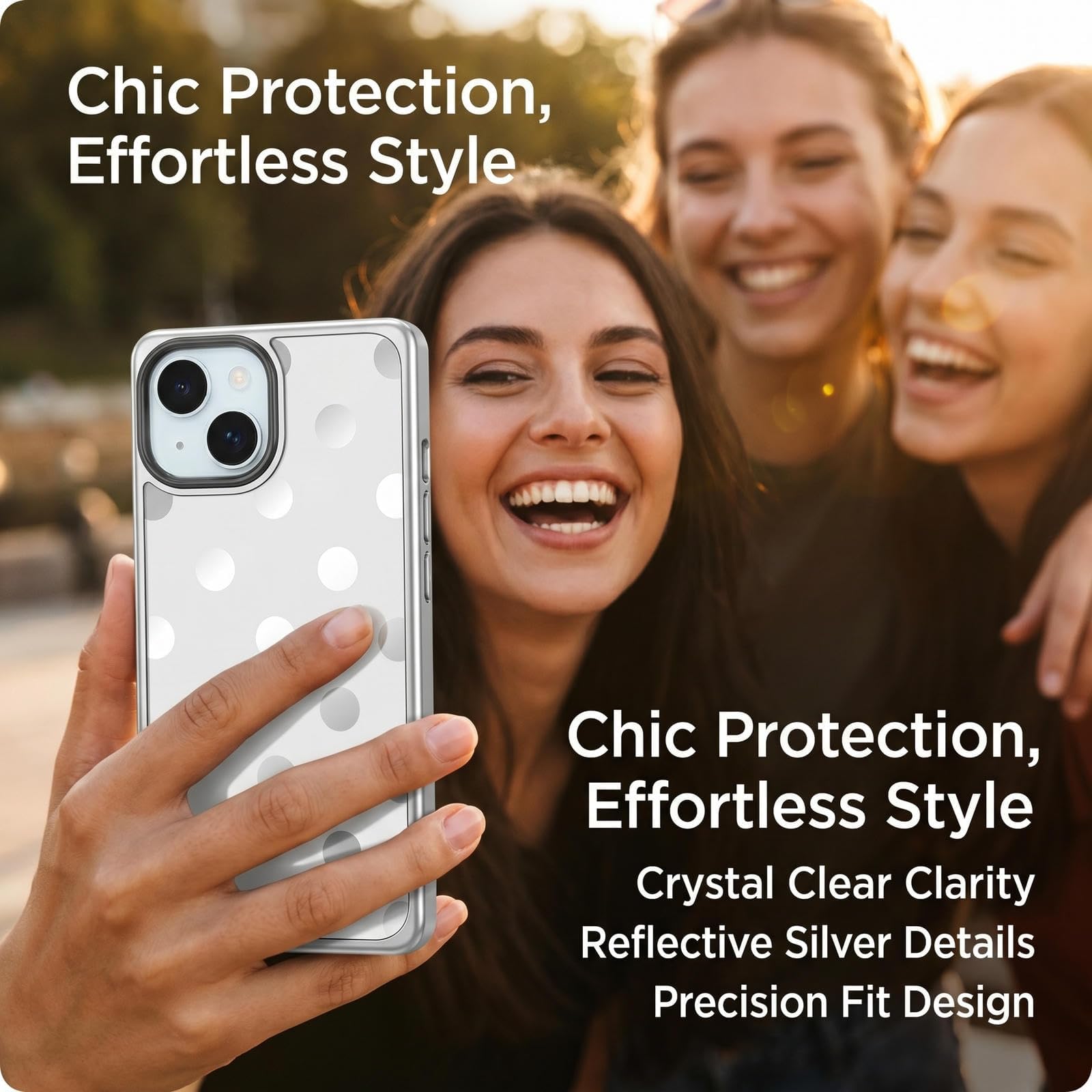 LCHULLE Funda para iPhone 15 con bonito diseño de lunares retro de espejo estético para mujeres y niñas con borde rectangular chapado en plata de lujo, delgada, simple y suave, a prueba de golpes