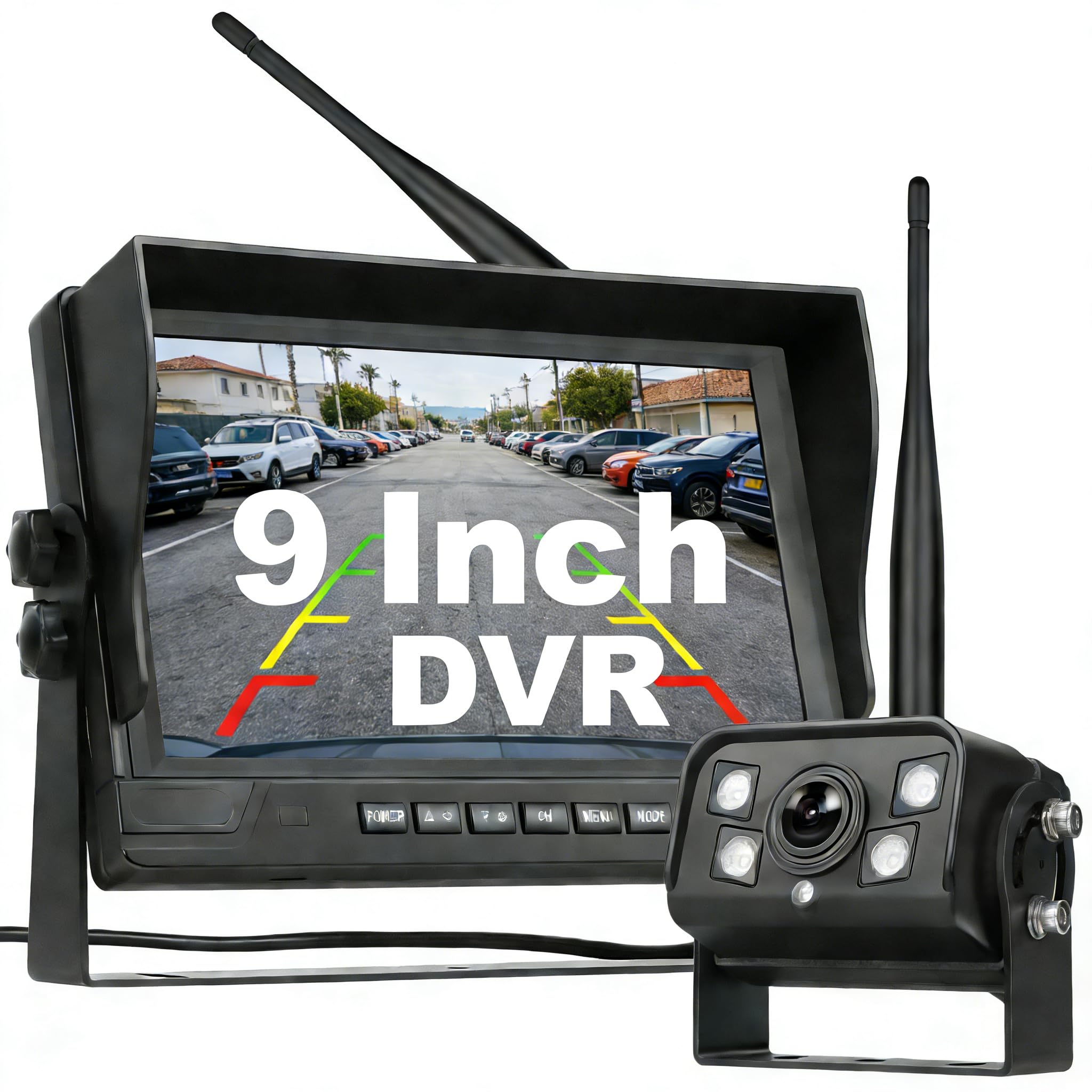 9 Pulgadas Monitor Cámara de Marcha Atrás Inalámbrica para Camión 12-24V Coche, BSD DVR Camara Marcha, Estanqueidad IP68/Visión Nocturna/Grabación en Bucle