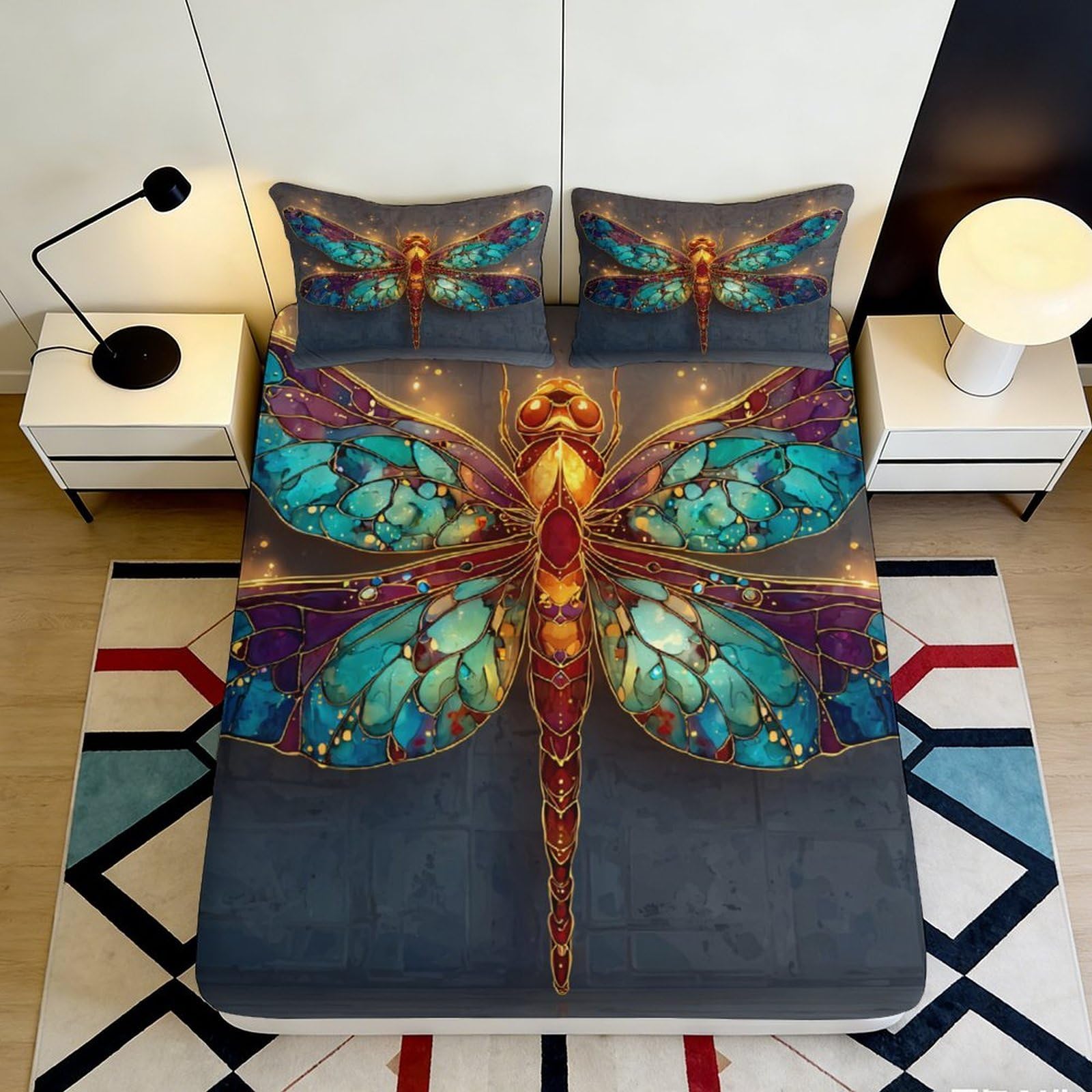 3D Printed Colorful Dragonfly Fitted Sheet Microfiber Soft Breathable Artistic Bed Cover for Bedroom Dormitory Guest Room Mattress Protection 180x200x25cm