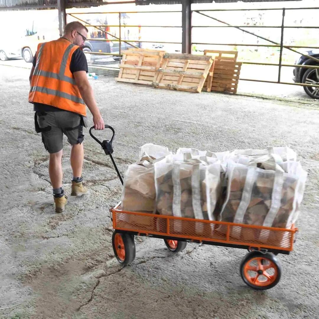 Forest Master FM-CART - Carro de jardín resistente, carrito utilitario todo terreno con lados de malla plegables y ruedas de poliuretano, carro plano para jardinería, bricolaje, paisajismo y uso en