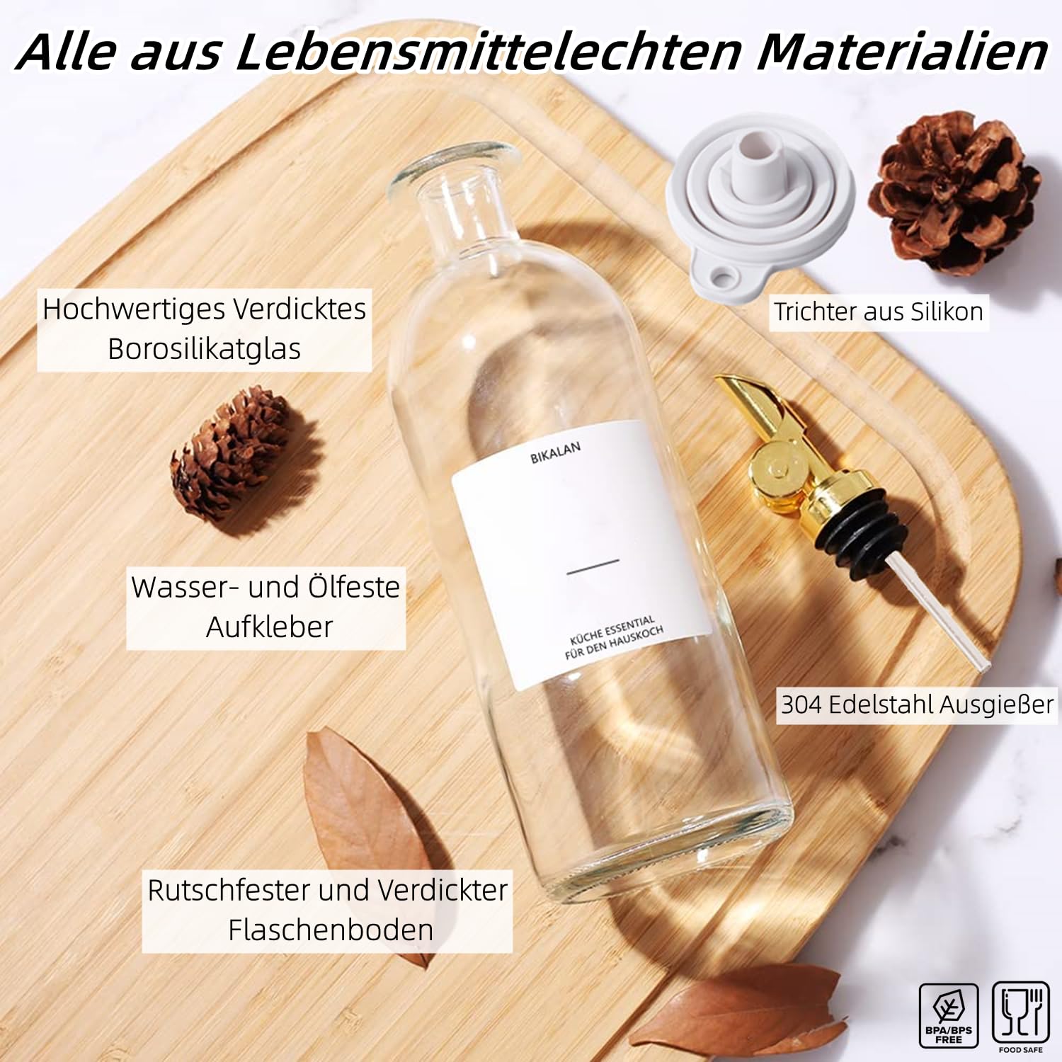 Set Bottiglie Olio E Aceto Con Dispenser - Vetro 500ml, Beccuccio Automatico, Adesivi E Imbuto