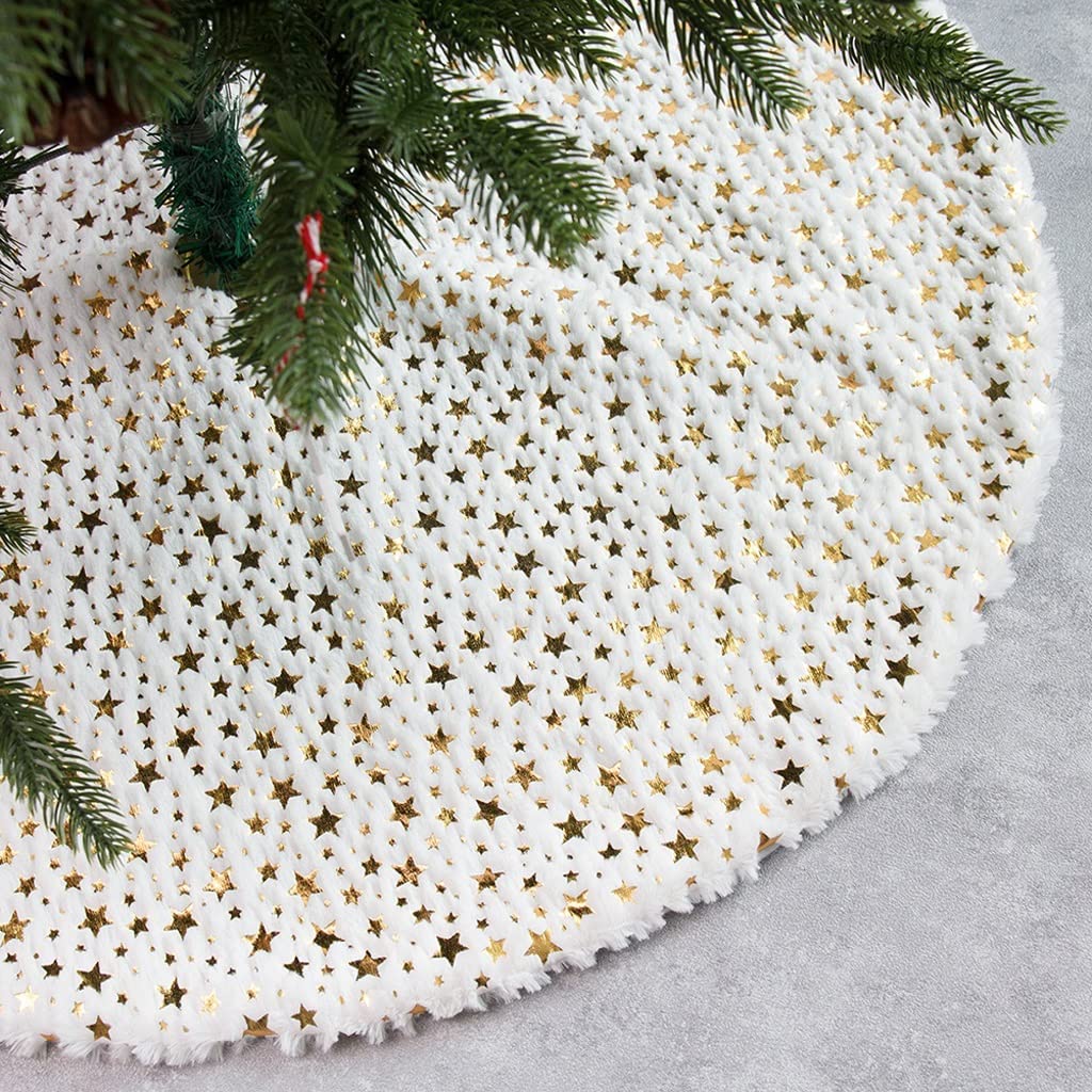 Tappeto Albero Di Natale, Star Stampato Gonna albero di Natale Peluche Xmas Tree Tappeto Mat Merry Decorazioni natalizie Ornamento Capodanno Home Decor Regalo Festa Forniture(White,130cm/51inch)
