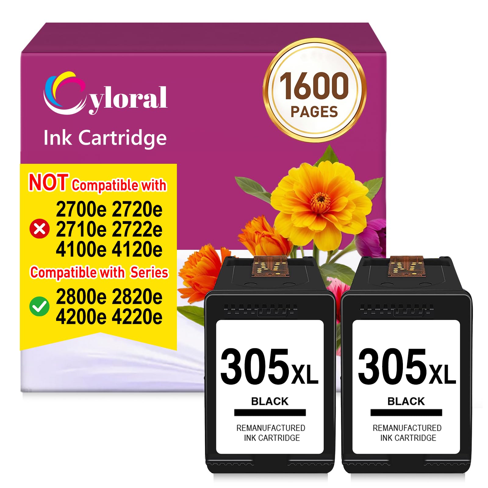 Cyloral 305XL Ink Cartridge for HP 305 Black DeskJet 2820e 2800e 4220e 4200e 2810e 2821e 2822e 2823e 4210e 4222e 4230e Printer Ink for HP 305 XL Black