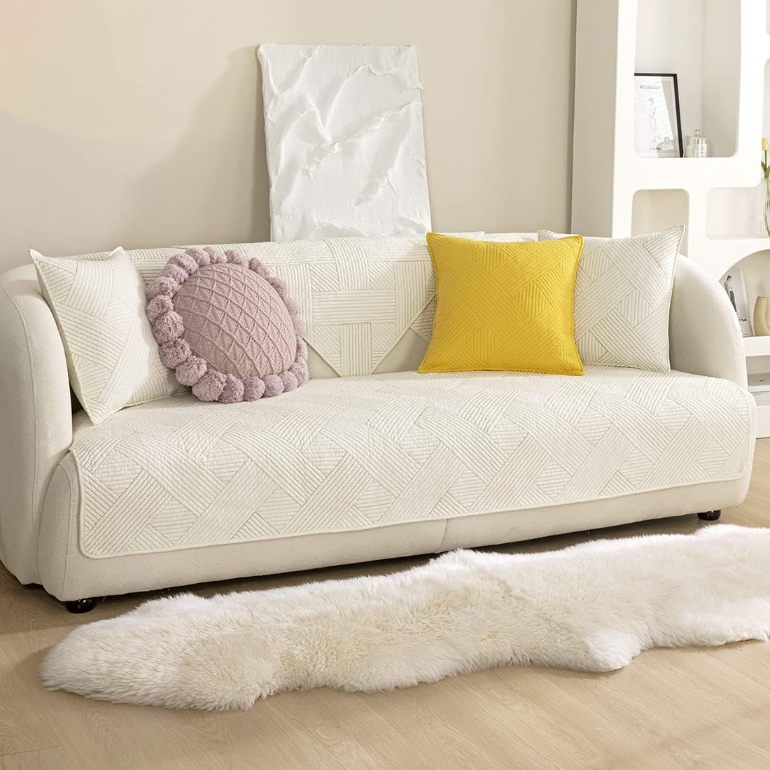 vctops Weave Stripe Sofa Cover Solid Color Cotton Quilted Sectional Couch Covers Geometric Pattern Non Slip Sofa Slipcover Super Soft Furniture Protector for Dogs, Children, Pets (Cream,28"x70")