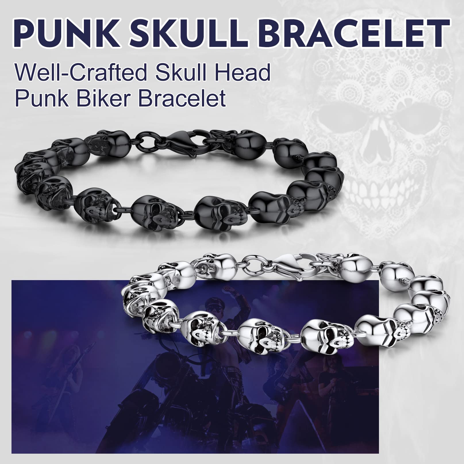 Bandmax Bracciale Rock Uomo con Teschio, 19-23 cm Lunghezza Bracciali Uomo Acciaio Inox, 2 Stili Bracciale Uomo Argento/Nero, Gioielli Braccialetti Uomo Ragazzo, Idee Regalo per Lui Fidanzato Papà